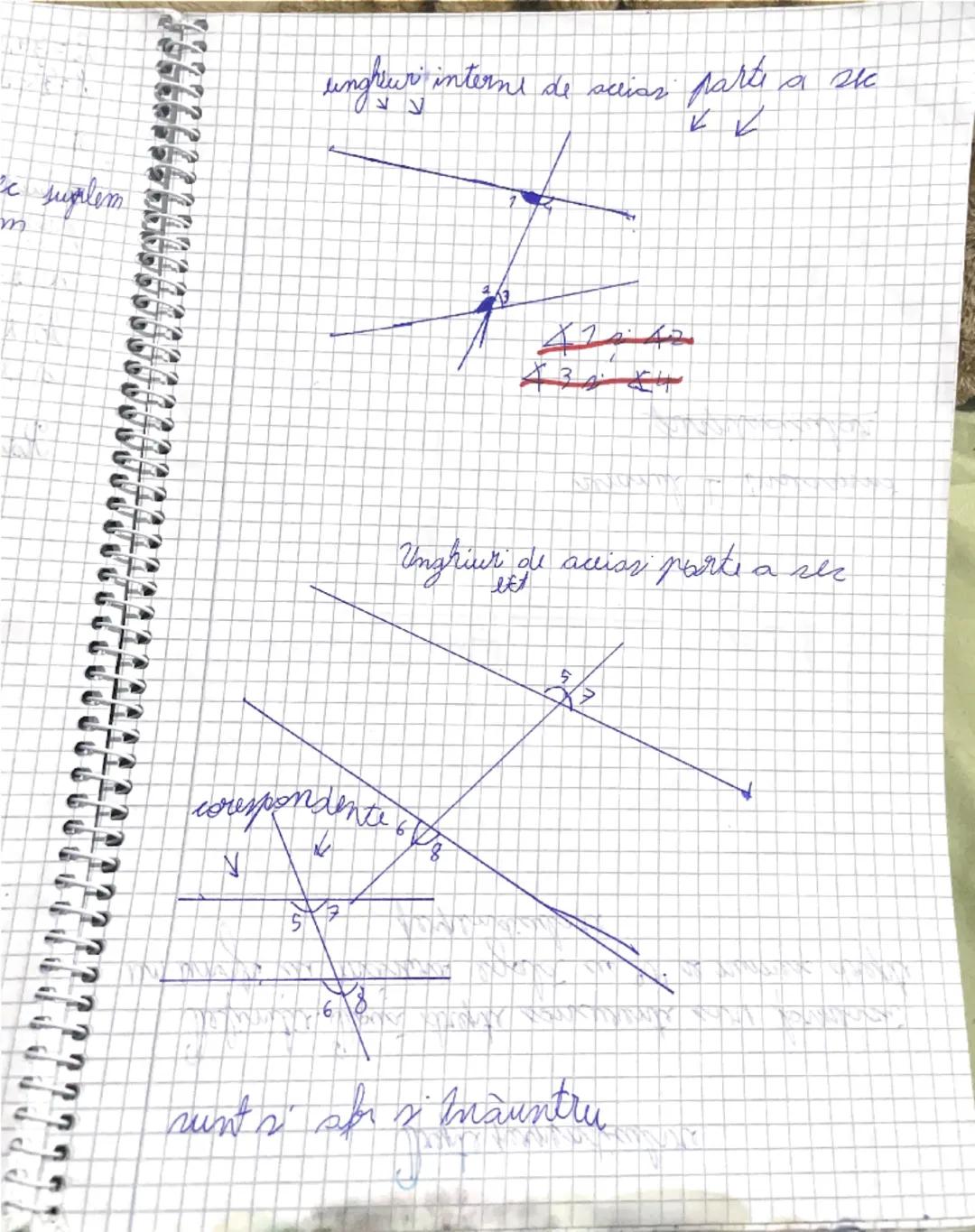 # Parakelism
1. Unghiuri alterne interne
2. Unghiuri alterne externe
3. Unghiuri interne de aceiași parte a sec suplem
4. Unghiuri de aceiaș