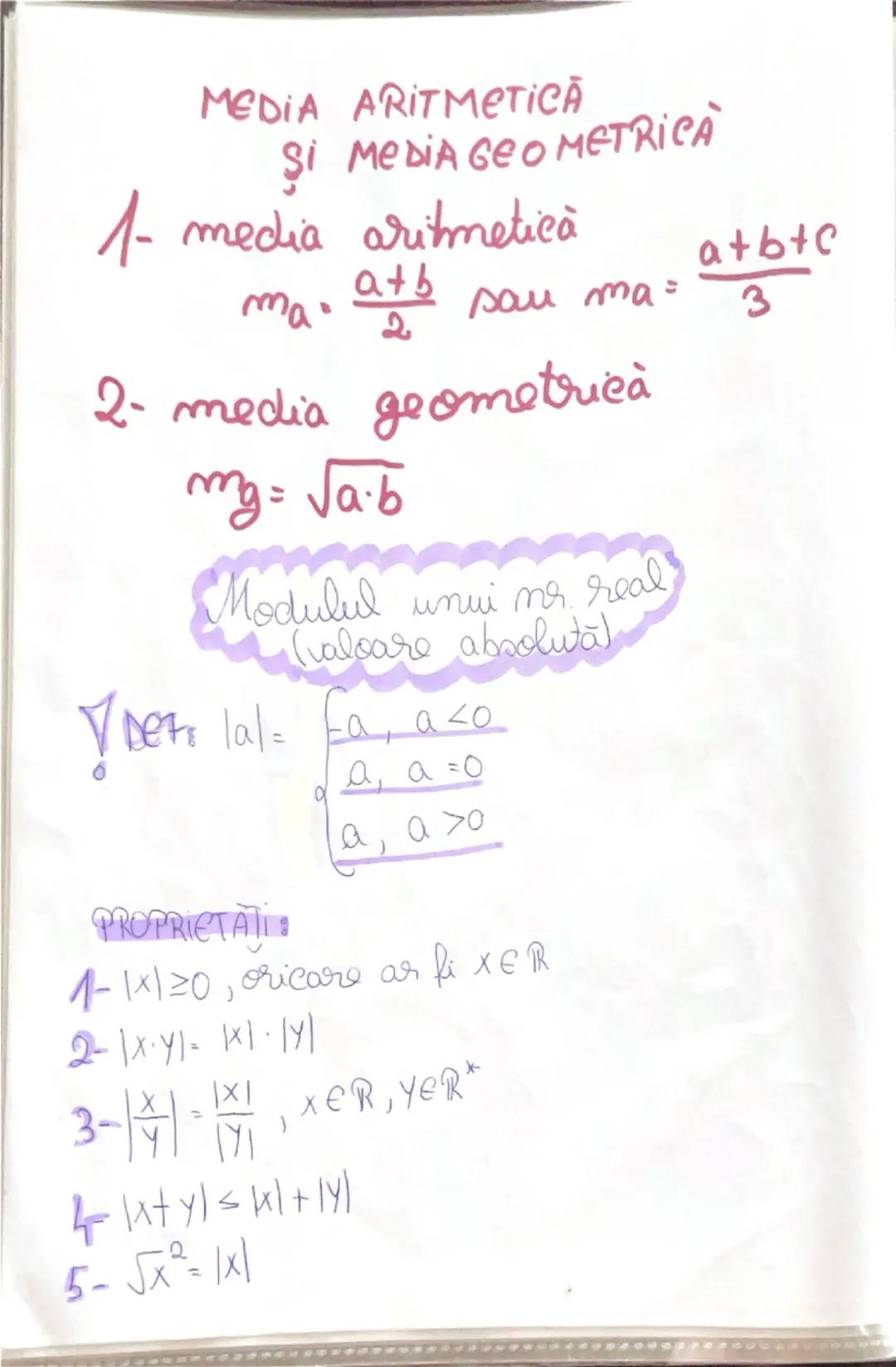 MEDIA ARITMETICA
ŞI MEDIA GEOMETRICA
1- media aritmetică
ma. a+b sau ma=  a+b+c
2          3
2- media geometrică
mg= √a·b
Modulul unui nr. r