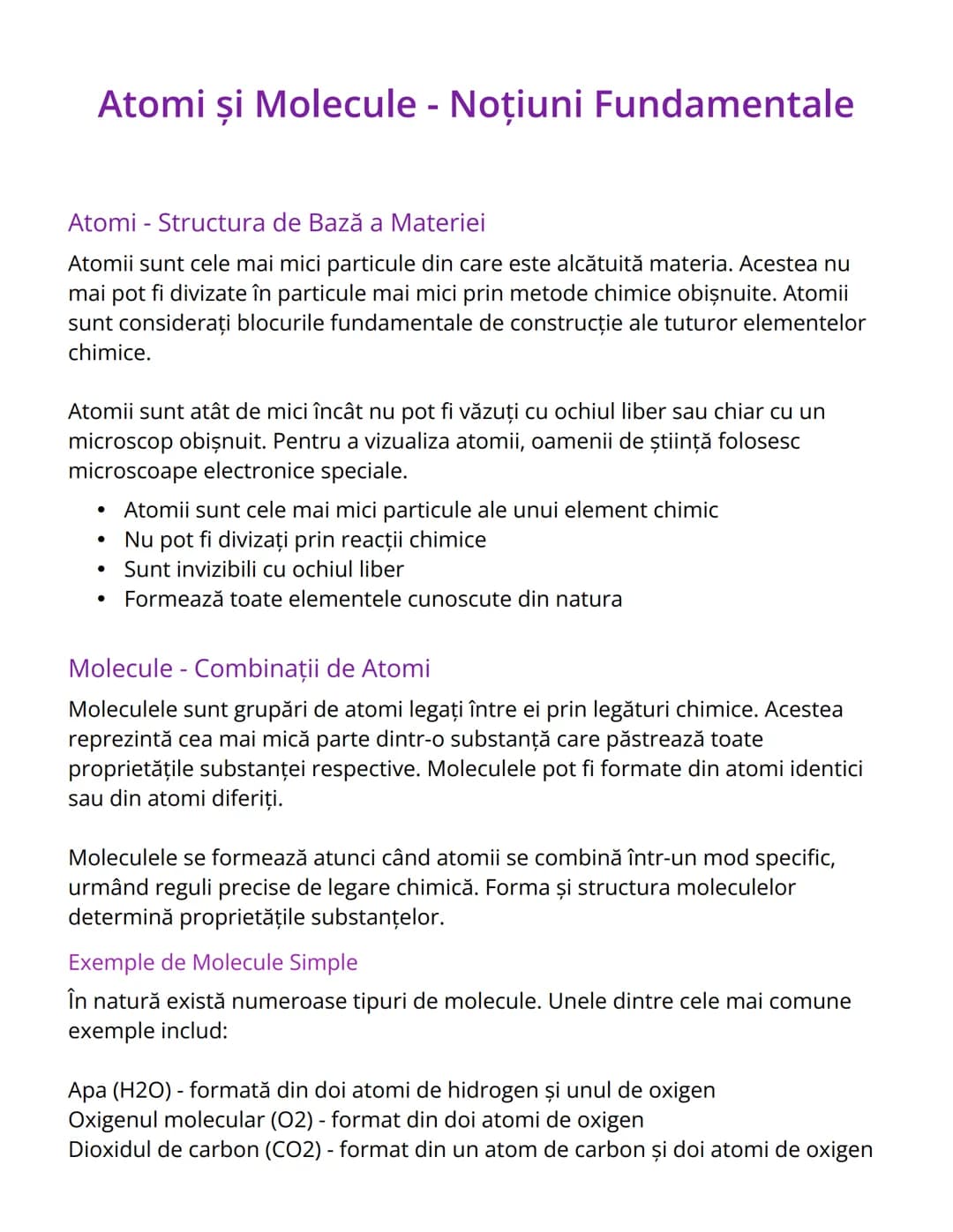 # Atomi și Molecule - Noţiuni Fundamentale

# Atomi - Structura de Bază a Materiei
Atomii sunt cele mai mici particule din care este alcătui
