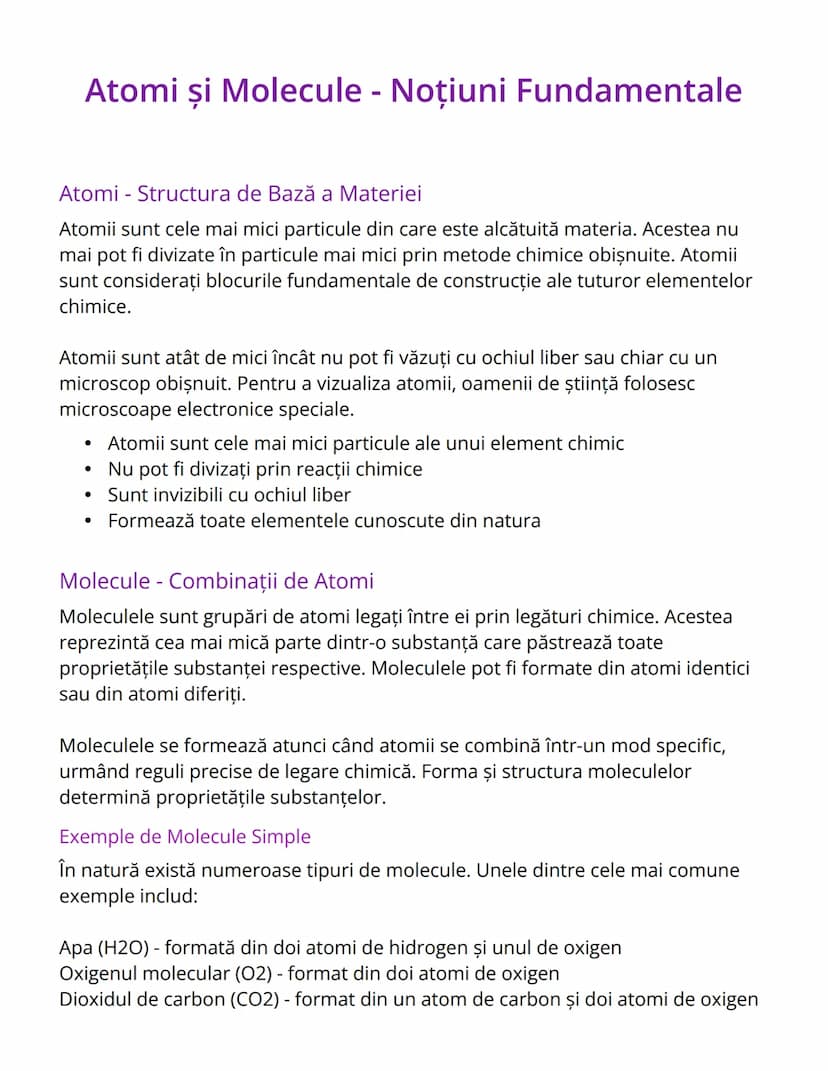 # Atomi și Molecule - Noţiuni Fundamentale

# Atomi - Structura de Bază a Materiei
Atomii sunt cele mai mici particule din care este alcătui