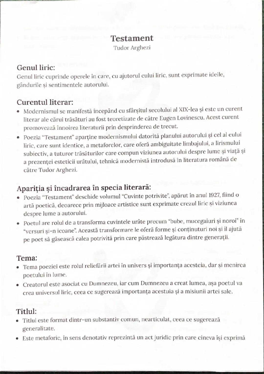 # Testament
Tudor Arghezi

Genul liric:

Genul liric cuprinde operele în care, cu ajutorul cului liric, sunt exprimate ideile,
gândurile şi 