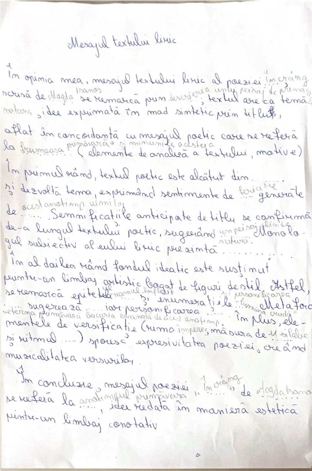# Mesajul textului liric

Îm opinia mea, mesajul textului liric al poeziei "În crâng"
Scrisă de Magda Isanos - se remarcă prin descrierea,
m