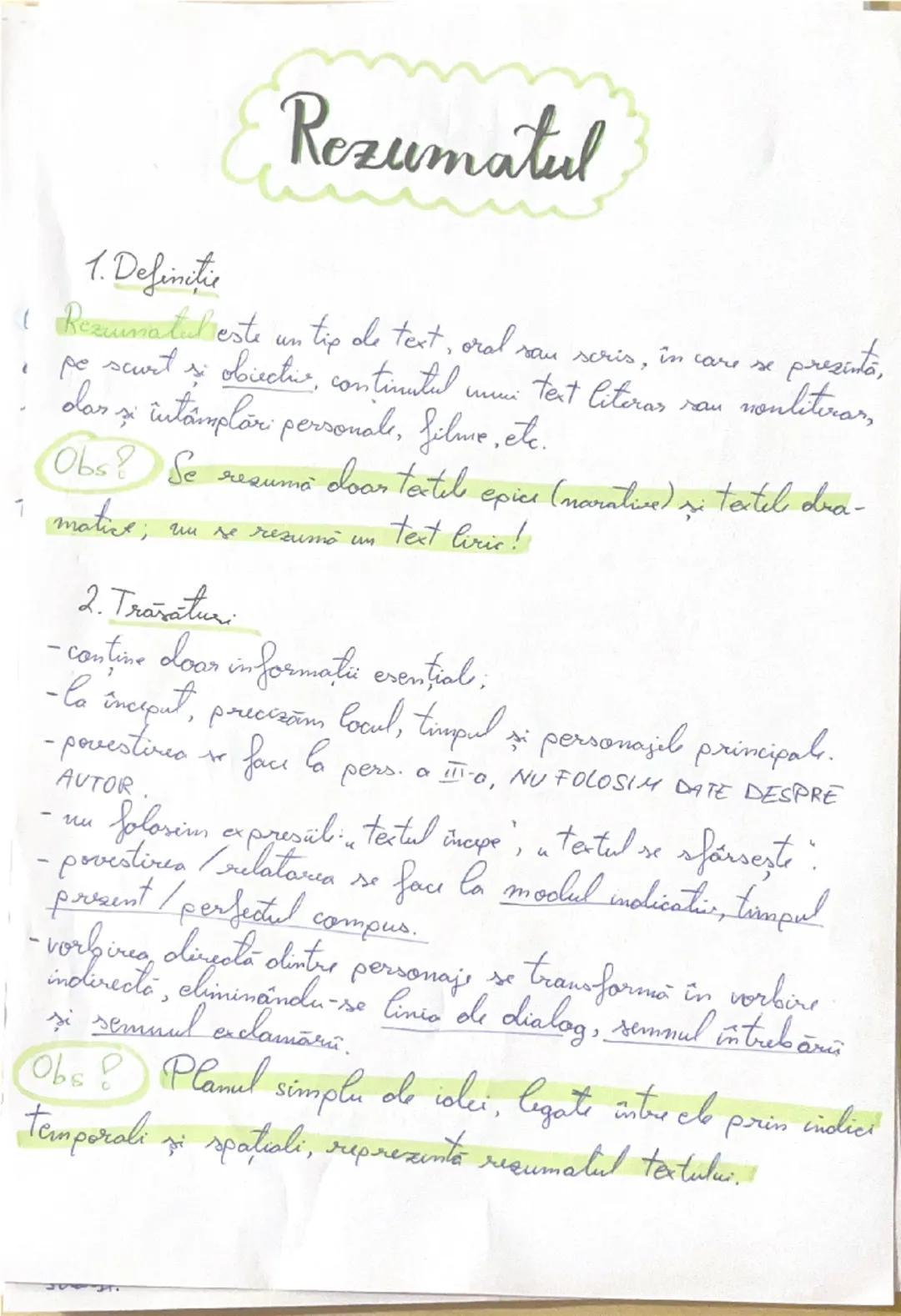 # Rezumatul

1. Definiție

- Rezumatul este un tip de text, oral sau scris, în care se prezintă,
pe scurt și obiectiv, conținutul unui text 