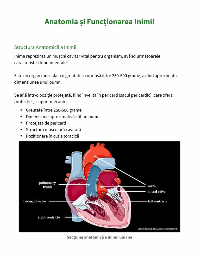 # Anatomia şi Funcţionarea Inimii

## Structura Anatomică a Inimii
Inima reprezintă un muşchi cavitar vital pentru organism, având următoare