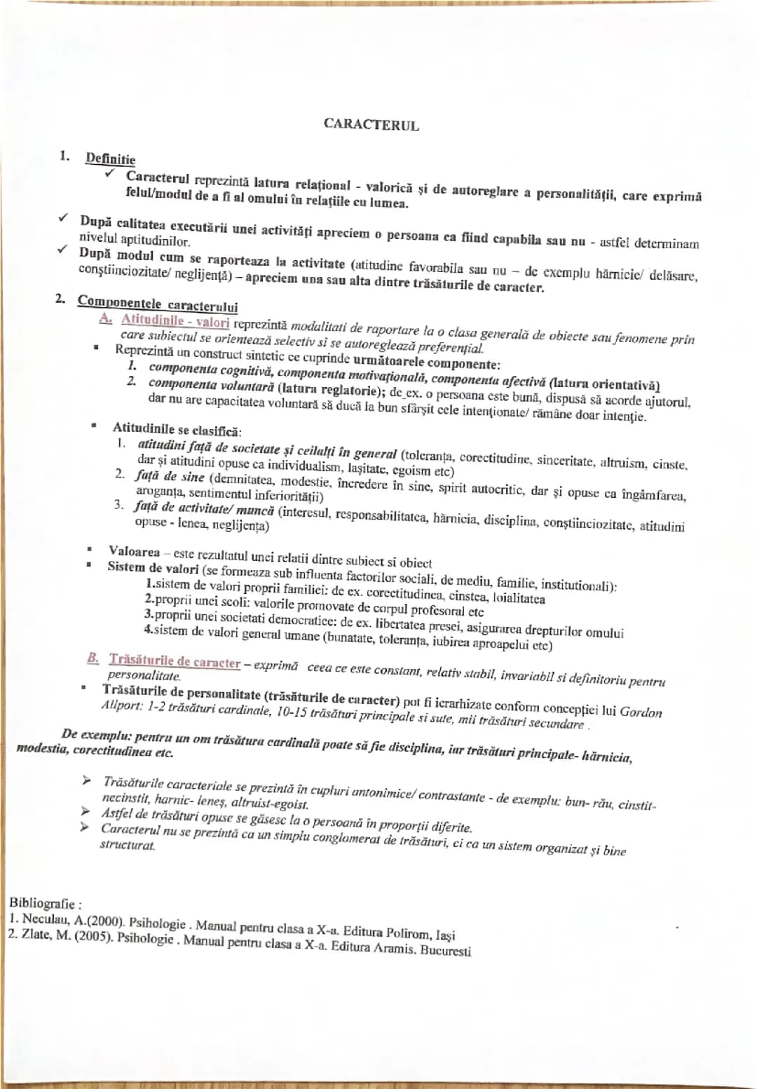 Psihologie - Caracterul , clasa a X-a , Bac/Admitere