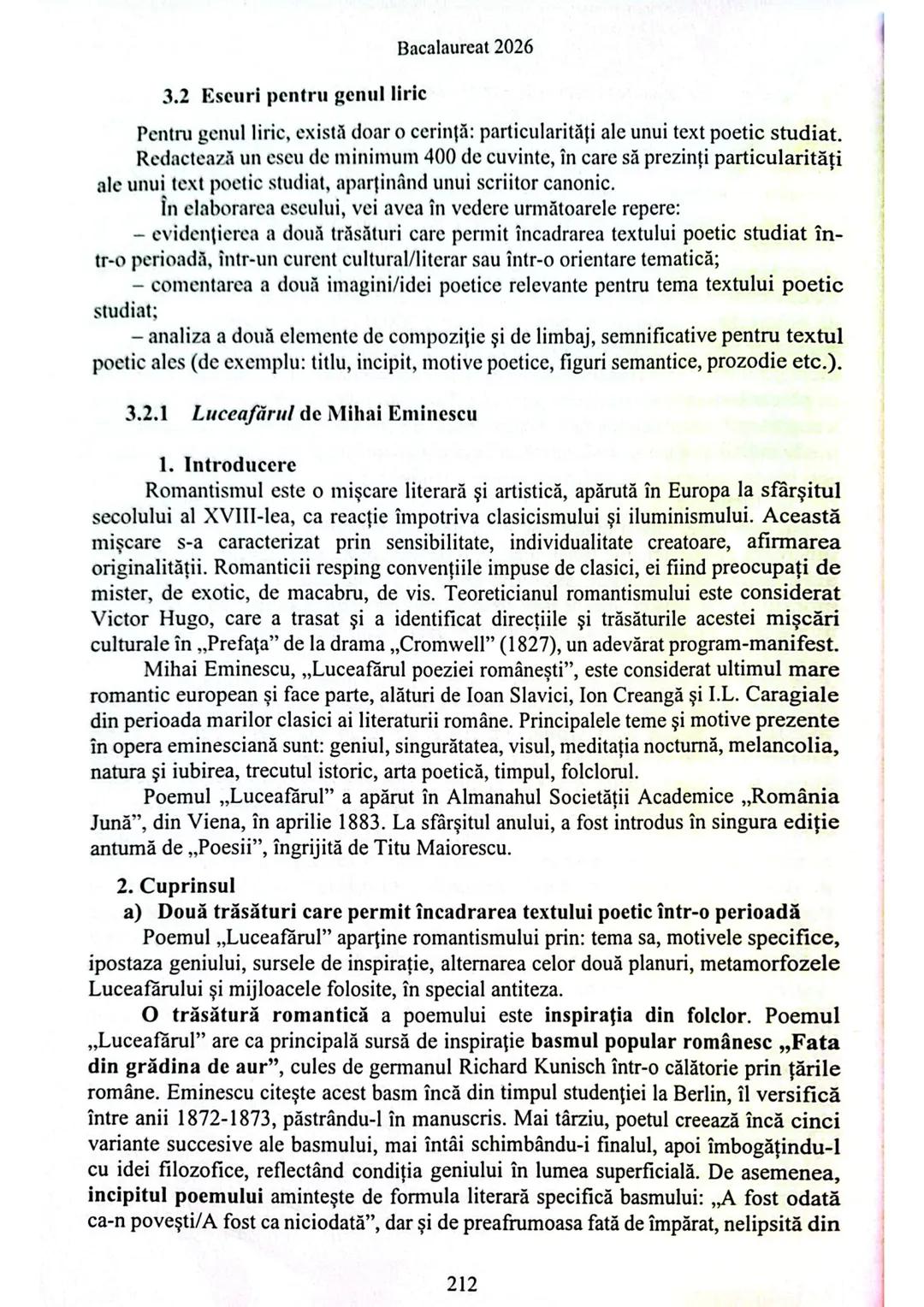 Bacalaureat 2026

3.2 Eseuri pentru genul liric

Pentru genul liric, există doar o cerință: particularități ale unui text poetic studiat.
Re