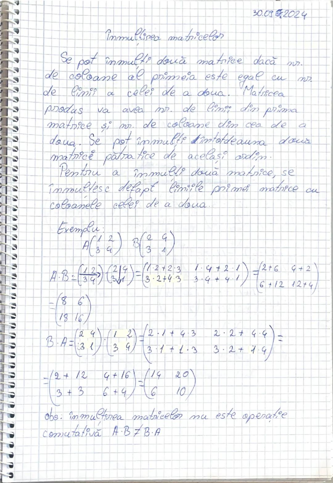 # 30.08.2024

Inmulțirea matricelor

Se pot înmulți două matrici dacă nr.
de coloane al primeia este egal cu nr.
de linii a celei de a doua.
