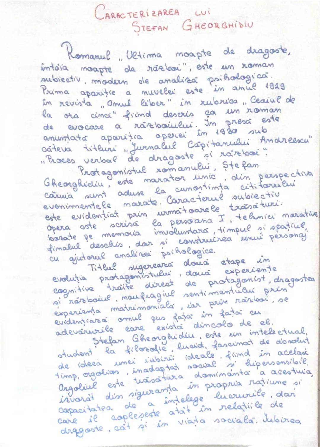 # CARACTERIZAREA LUI
# STEFAN GHEORGHIDIU

Romanul "Ultima noapte de dragoste,
intaia noapte de razboi", este un roman
subiectiv, modern de 