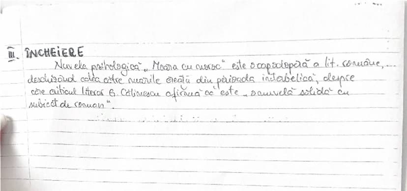 --- OCR Start ---
ÎNCHEIERE
Nuvela psihologica "Moara cu noroc" este capodoperă a lit. române...
deschizând calea către nuvelele create din 