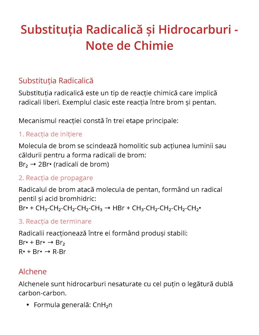 Substituția Radicalică și Hidrocarburi - Note de Chimie