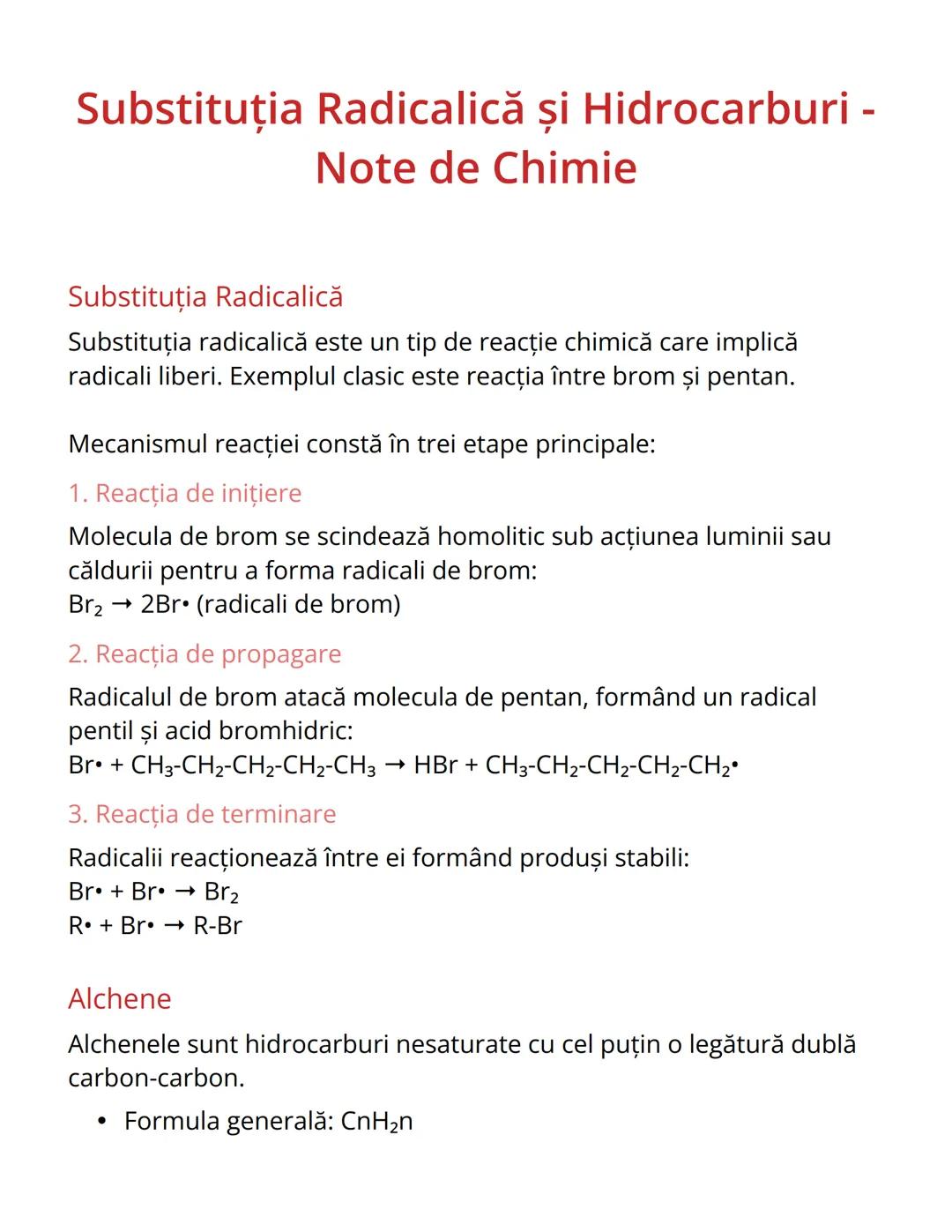 # Substituția Radicalică și Hidrocarburi -
Note de Chimie

## Substituția Radicalică
Substituția radicalică este un tip de reacție chimică c