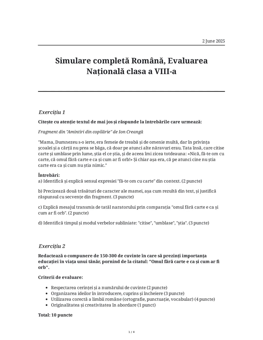 Simulare completă Română, Evaluarea Națională clasa a VIII-a
