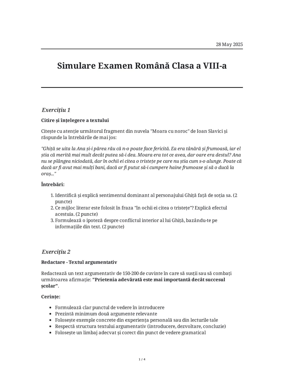 Simulare Examen Română Clasa a VIII-a