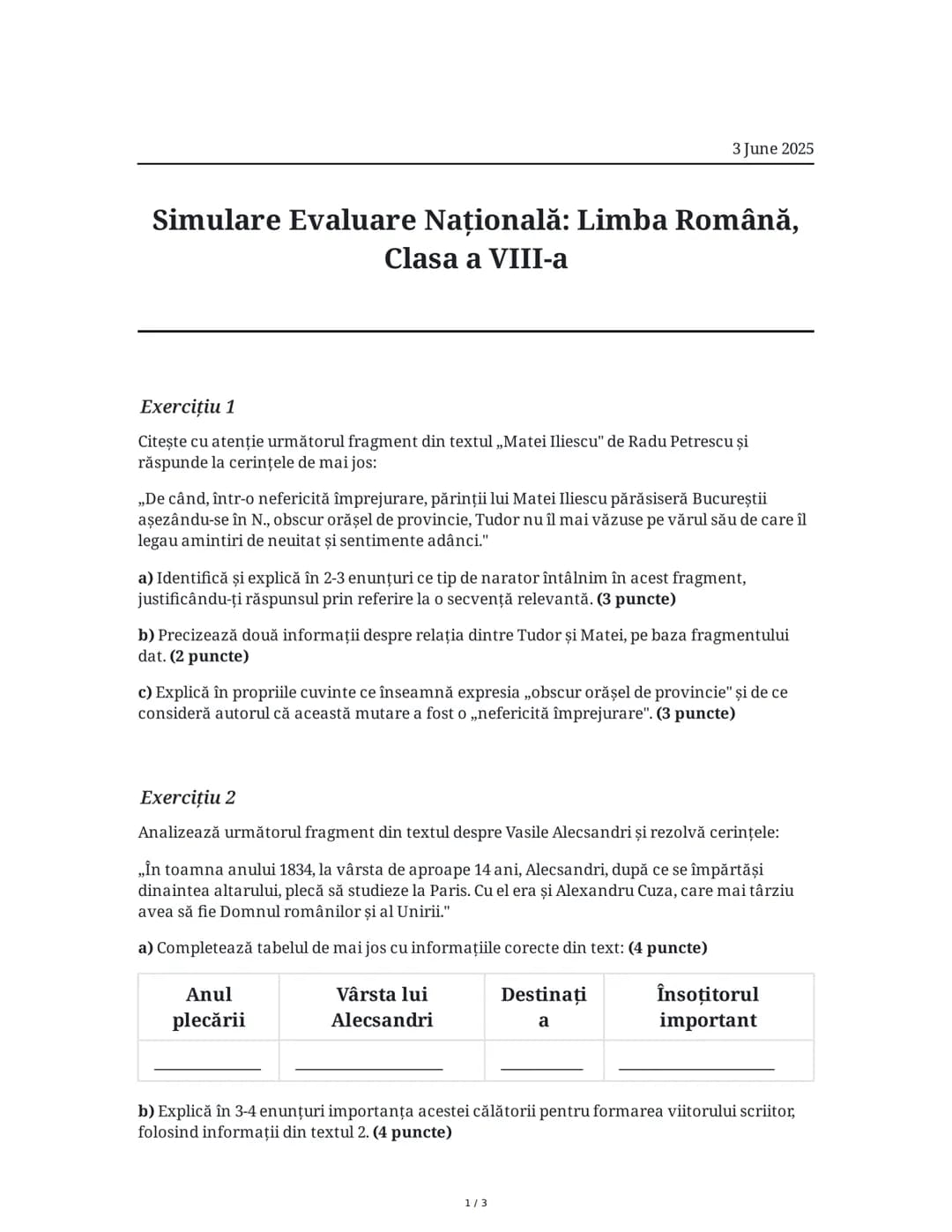Simulare Evaluare Națională: Limba Română, Clasa a VIII-a