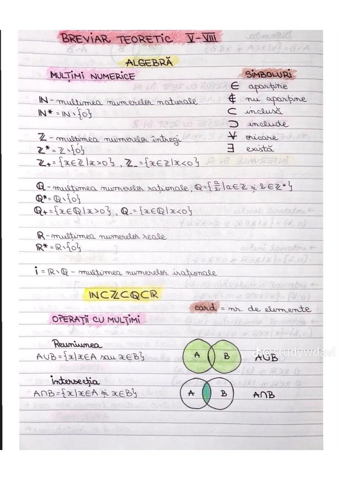 BREVIAR TEORETIC V-VIII
ALGEBRA
MULTIMI NUMERICE
Adele-G/A
SIMBOLURI
IN-multimea numerelor naturale E aparţine
IN*=IN {0} $\notin$ nu ap