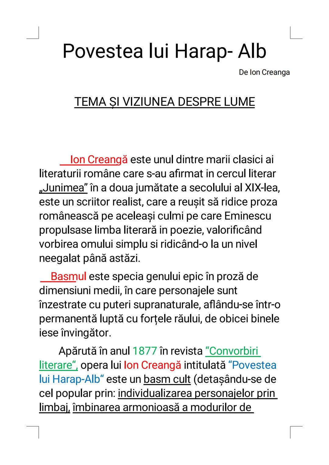 # Povestea lui Harap- Alb
De Ion Creanga
## TEMA ŞI VIZIUNEA DESPRE LUME
Ion Creangă este unul dintre marii clasici ai
literaturii române