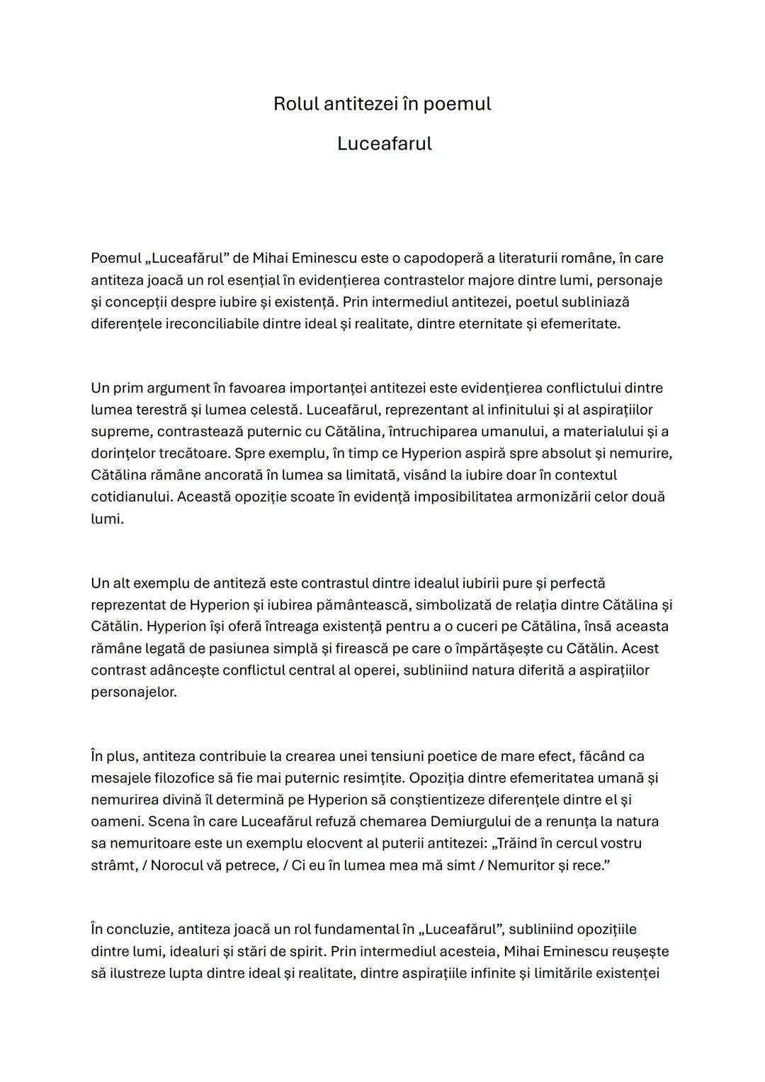 # Rolul antitezei în poemul
Luceafarul
Poemul „Luceafărul" de Mihai Eminescu este o capodoperă a literaturii române, în care
antiteza joac