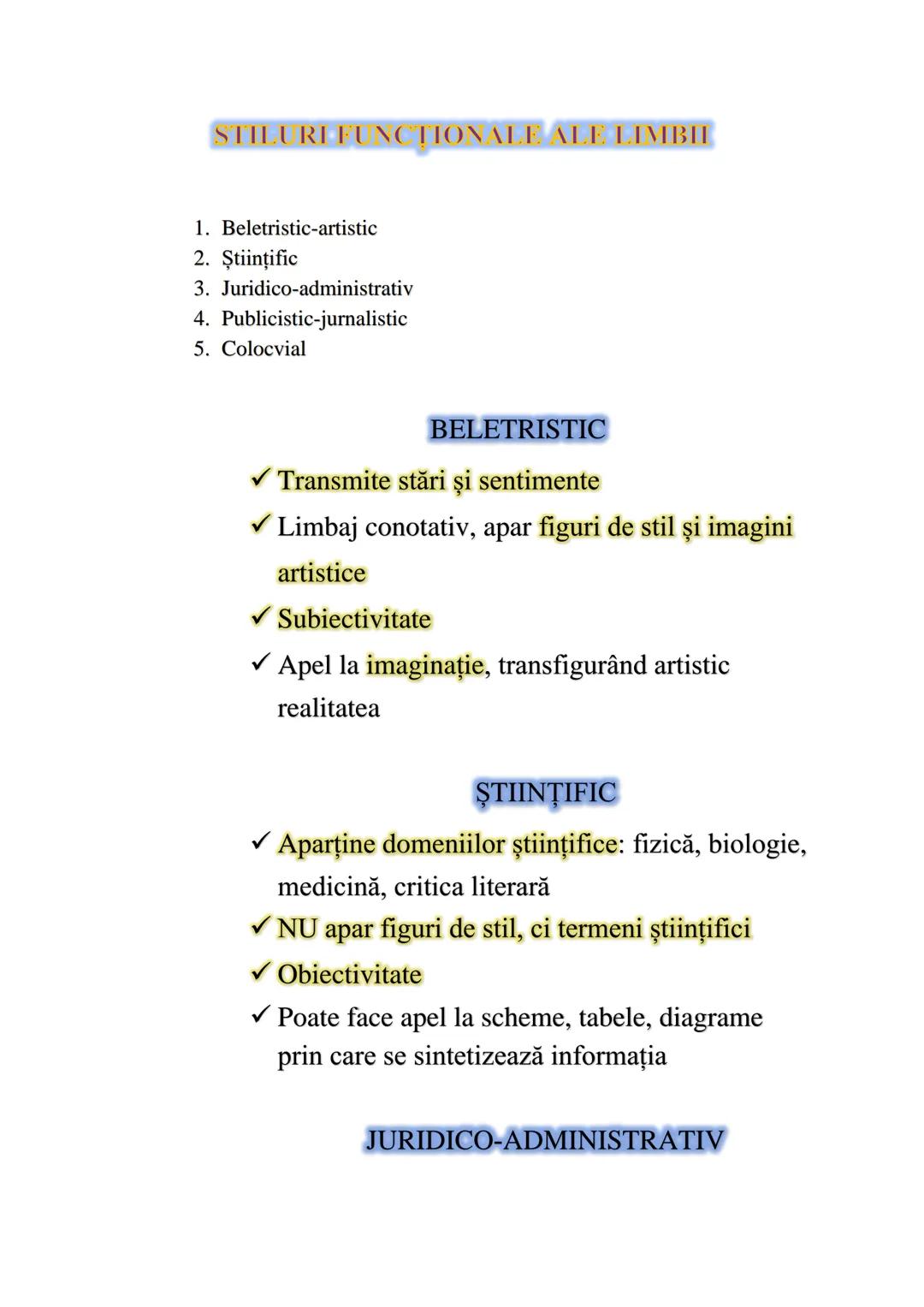 # STILUREFUNCTIONALE ALE LIMBI
1. Beletristic-artistic
2. Ştiinţific
3. Juridico-administrativ
4. Publicistic-jurnalistic
5. Colocvial
BEL