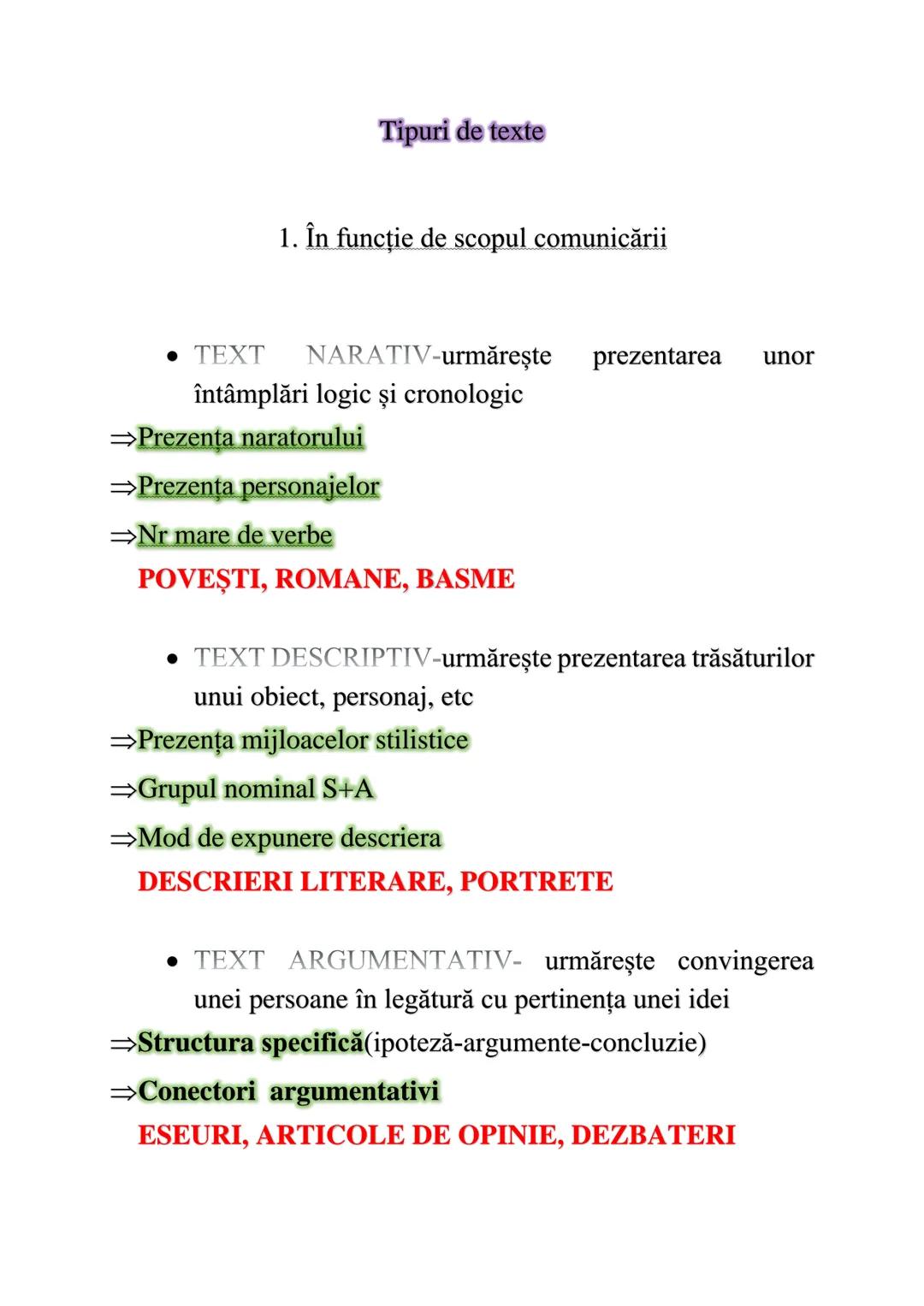# Tipuri de texte
1. În funcție de scopul comunicării
* TEXT NARATIV-urmăreşte prezentarea unor
întâmplări logic și cronologic
⇒Prezent