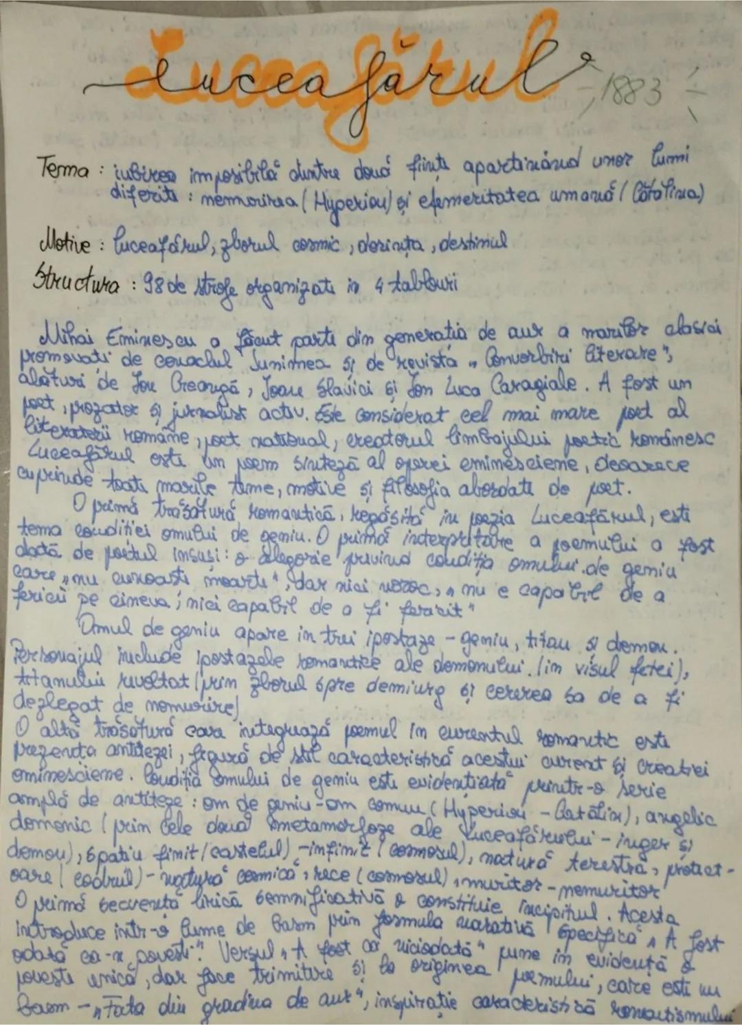 --- OCR Start ---
Luceafărul
1883
Tema: iubirea imposibilă dintre două ființe aparținând unor lumi
diferite: memorirea (Hyperion) şi efemeri