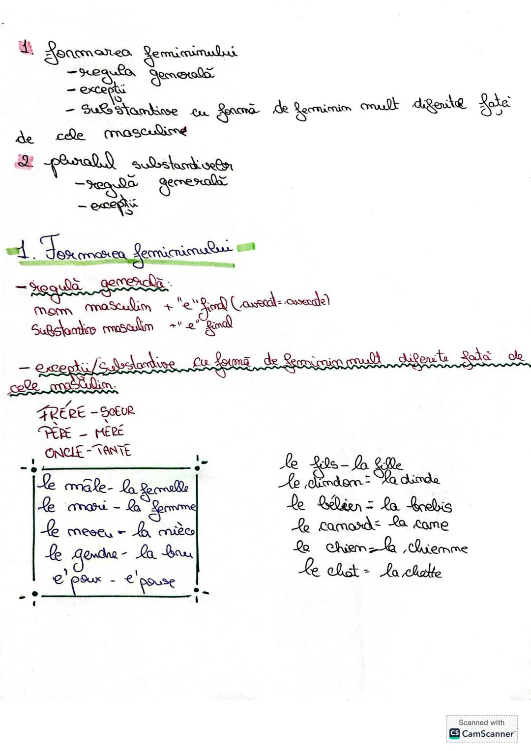 # 1. formarea femininului
-regula gemorală
- Substantive cu formă de fermimin mult diferite fata
de cole masculine
# 2 pluralul substantivee