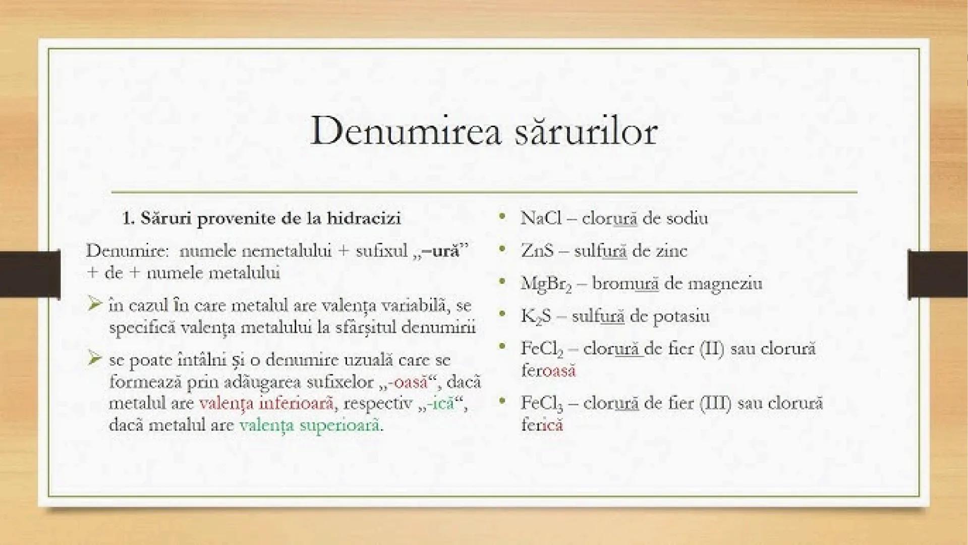 # Denumirea sărurilor
1. Săruri provenite de la hidracizi
Denumire: numele nemetalului + sufixul ,,-ură"
+ de + numele metalului
> în cazul
