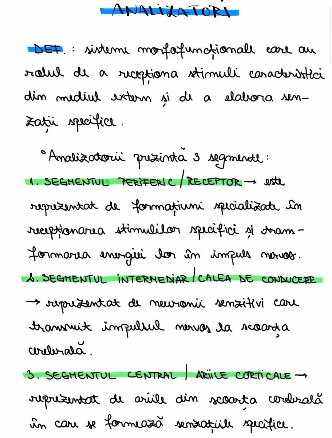 --- OCR Start ---
ANALIZATORI
DEF.: sisteme morfafunctionall care au
rolul de a receptiona stimuli caracteristici
elabora sen-
din mediul ex