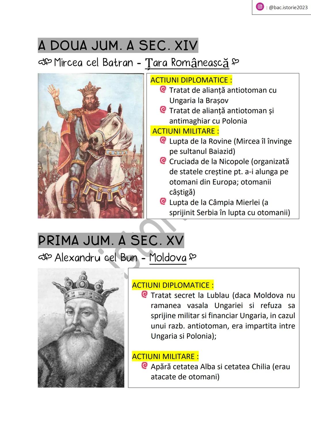 : @bac.istorie2023
A DOUA JUM. A SEC. XIV
Mircea cel Batran - Tara Românească
ACTIUNI DIPLOMATICE :
- Tratat de alianță antiotoman cu
Ungari