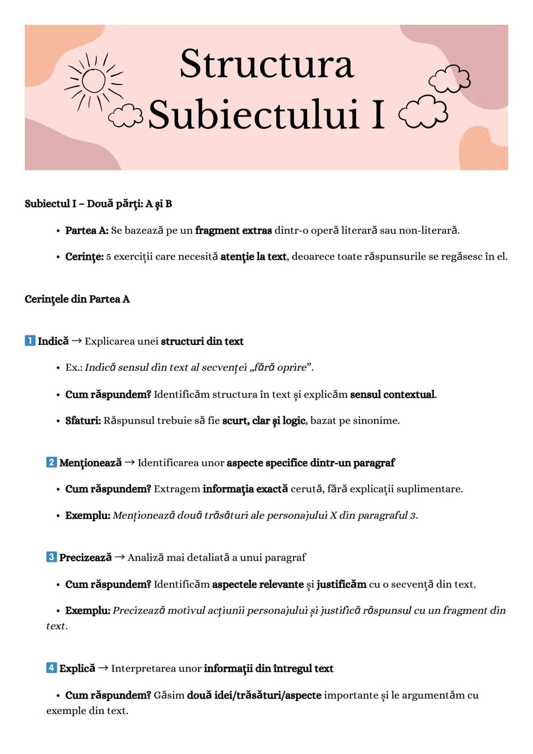 # Structura
Subiectului I
Subiectul I - Două părţi: A și B
* Partea A: Se bazează pe un fragment extras dintr-o operă literară sau non-l