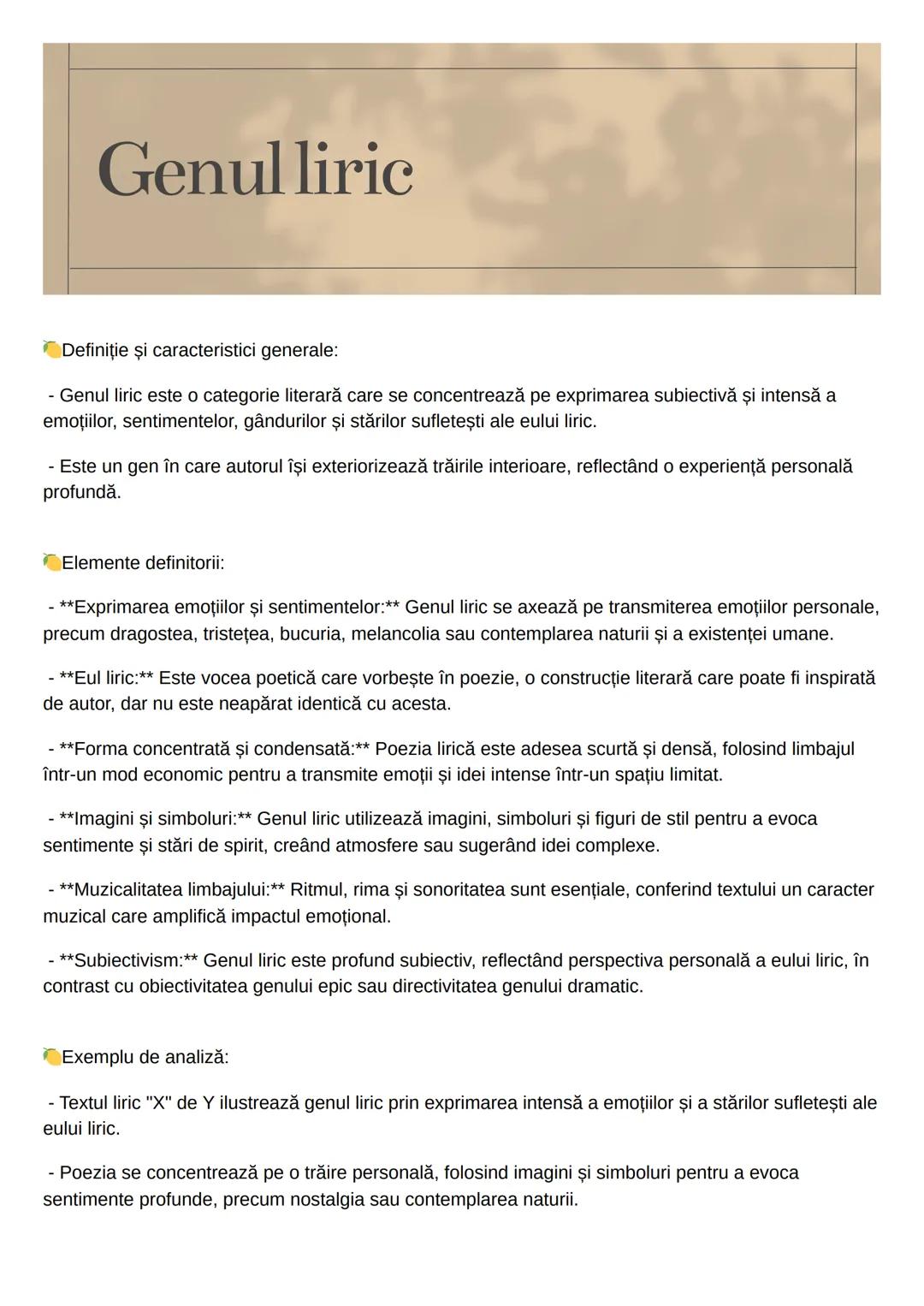 # Genul liric
Definiţie şi caracteristici generale:
- Genul liric este o categorie literară care se concentrează pe exprimarea subiectivă