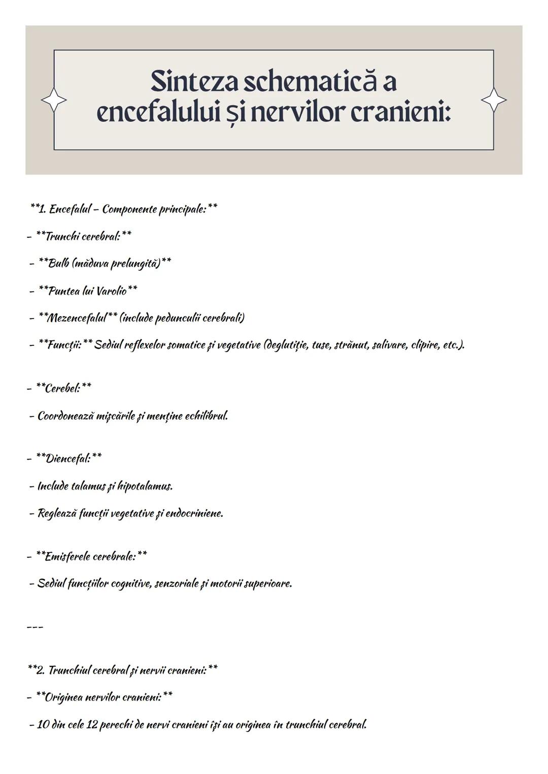 --- OCR Start ---
Sinteza schematică a
encefalului şi nervilor cranieni:
**1. Encefalul - Componente principale:**
**Trunchi cerebral:**
**B