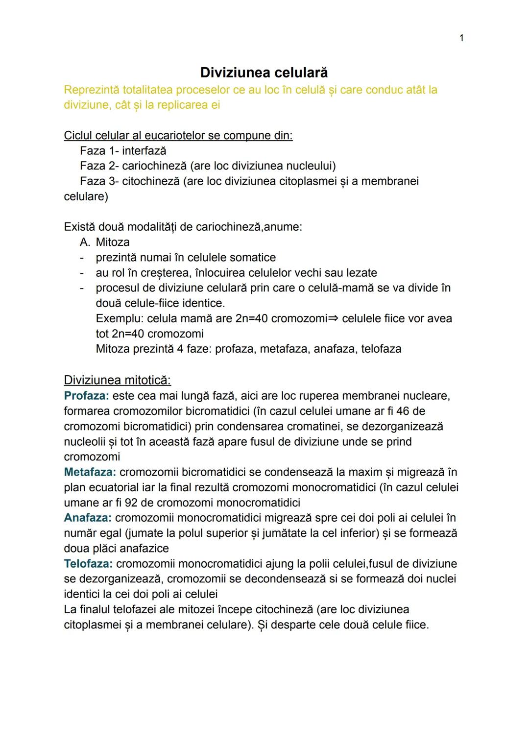 # Diviziunea celulară
Reprezintă totalitatea proceselor ce au loc în celulă și care conduc atât la
diviziune, cât și la replicarea ei
Ciclu
