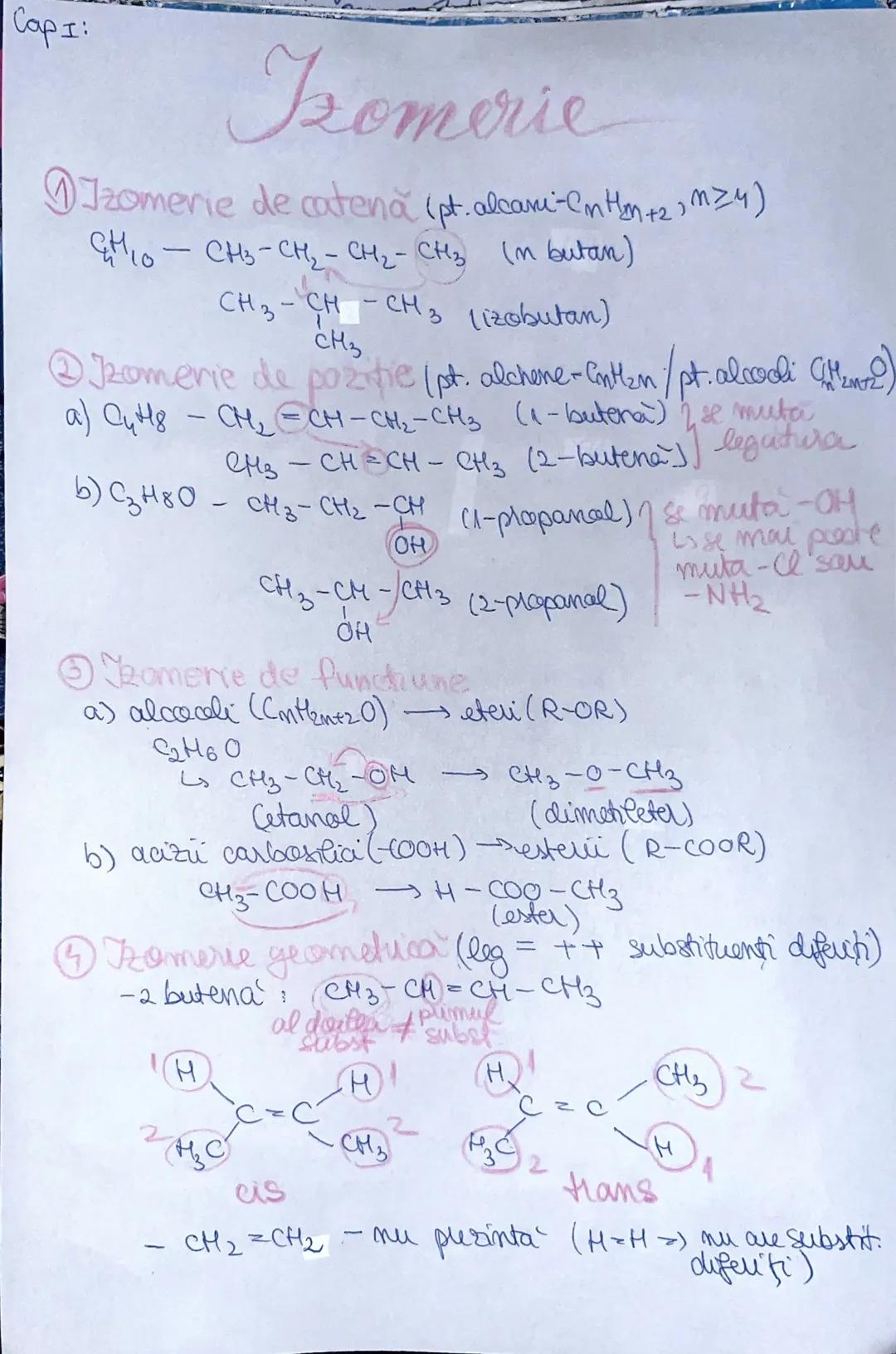 Capi:
# Komerie
1. Izomerie de catena (pt.alcami-$C_nH_{2n+2}, m \geq 4$)
$C_4H_{10}$-CH3-CH2-CH2-CH3 (n butan)
CH3-CH-CH3 (izobutan)
C