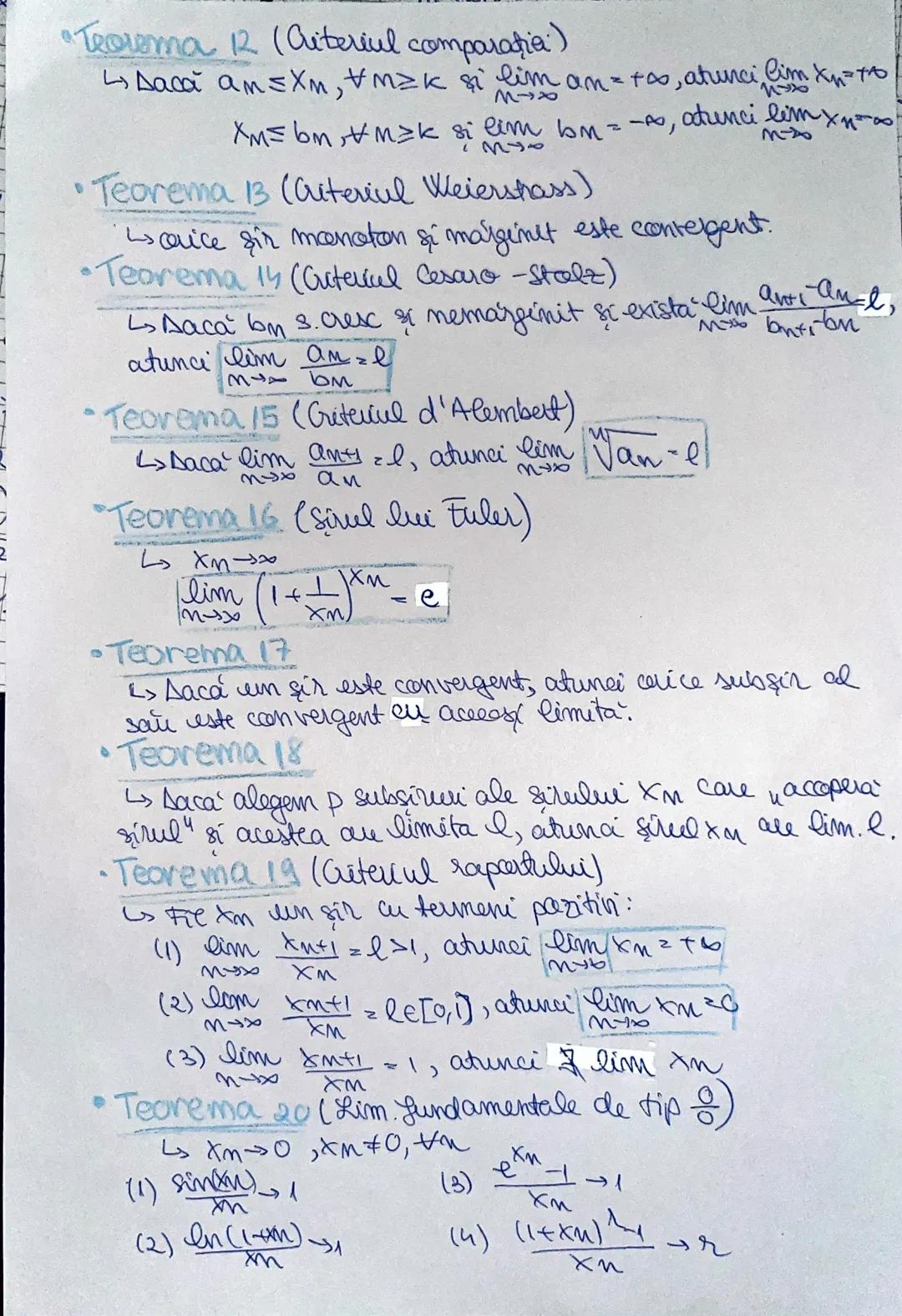 # Teoreme analiza
* Axioma lui Cantor
- Orice multime marginita superior admite un cel mai mic majorant numit marginea superioara a multimi
