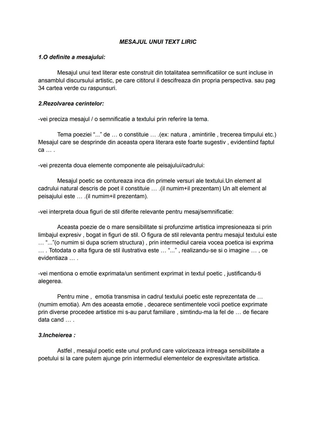 MESAJUL UNUI TEXT LIRIC
1.0 definite a mesajului:
Mesajul unui text literar este construit din totalitatea semnificatiilor ce sunt incluse
