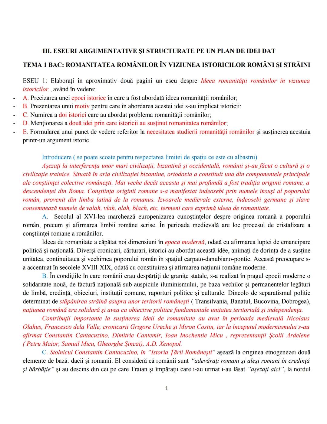 --- OCR Start ---
III. ESEURI ARGUMENTATIVE ȘI STRUCTURATE PE UN PLAN DE IDEI DAT
TEMA 1 BAC: ROMANITATEA ROMÂNILOR ÎN VIZIUNEA ISTORICILOR