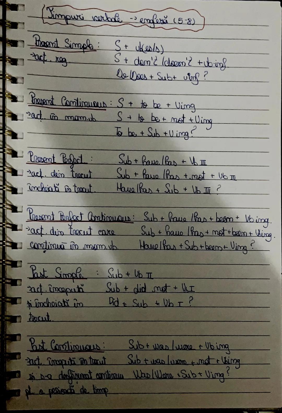 (Simpuri verbale - engleză (5-8)
Brent Simple: St ub(es/s)
fact, reg S + don't (doen'? +ub.inf
De Does + Subt ving?
Present Continuous : S