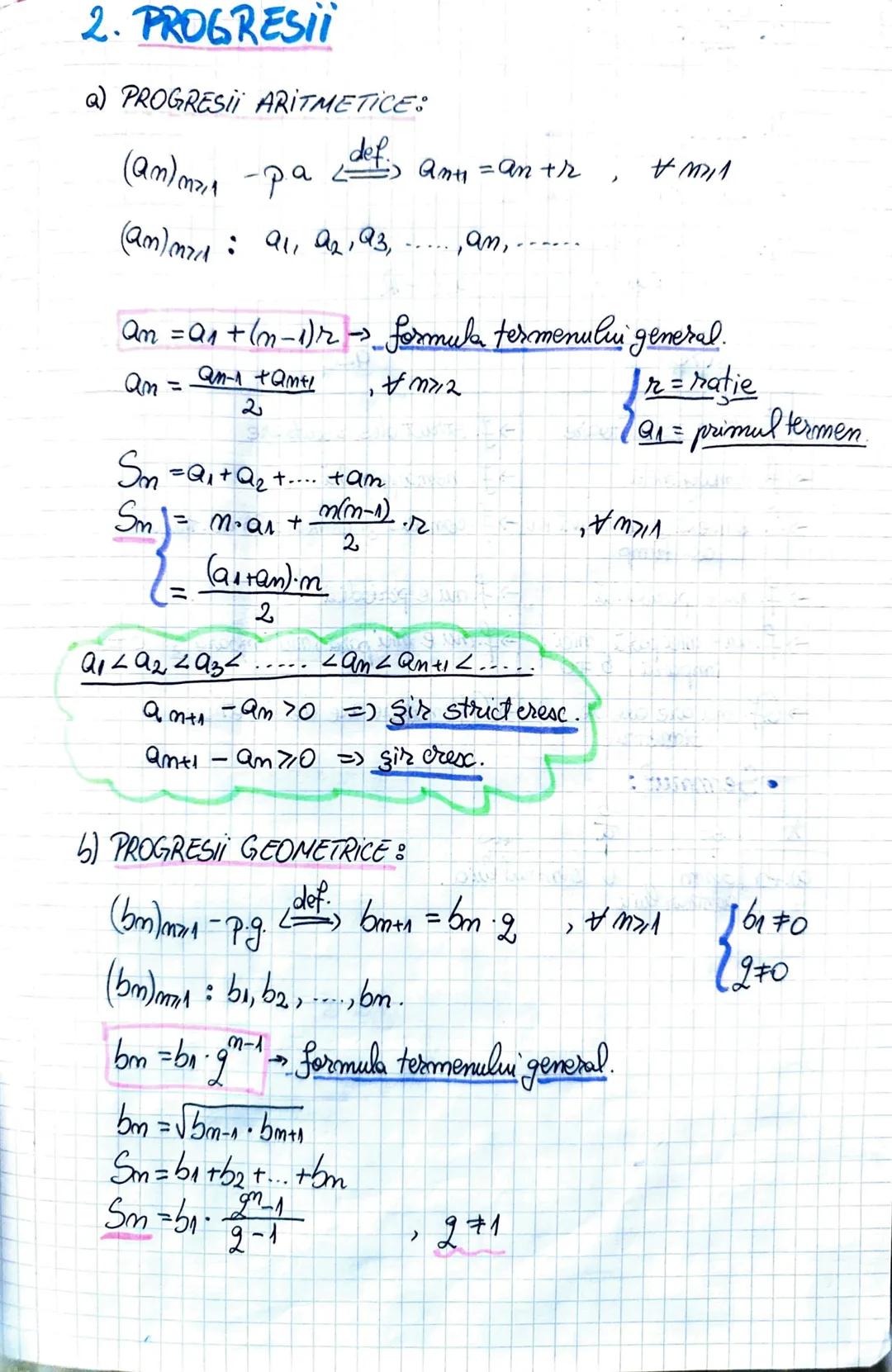 2. PROGRESII
Q) PROGRESII ARITMETICE:
(am) m² -pa $\stackrel{def.}{\longrightarrow}$ Ant1 = an tr , $\forall m \ge 1$
(Am)2711: 91, 92, 9