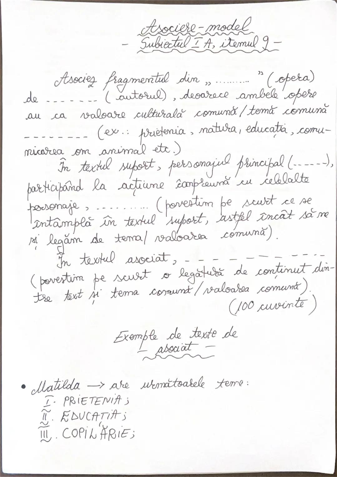 Asociere-model
- Subiectul I A, itemul 2-
Asociez fragmentul din „…………” (opera)
de ---------- (autorul), deoarece ambele opere
au ca valoar