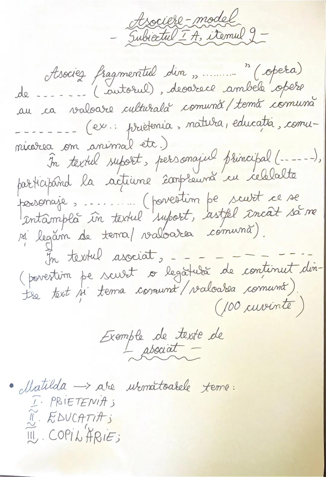 Asociere-model
- Subiectul I A, itemul 2-
Asociez fragmentul din „…………” (opera)
de ---------- (autorul), deoarece ambele opere
au ca valoar