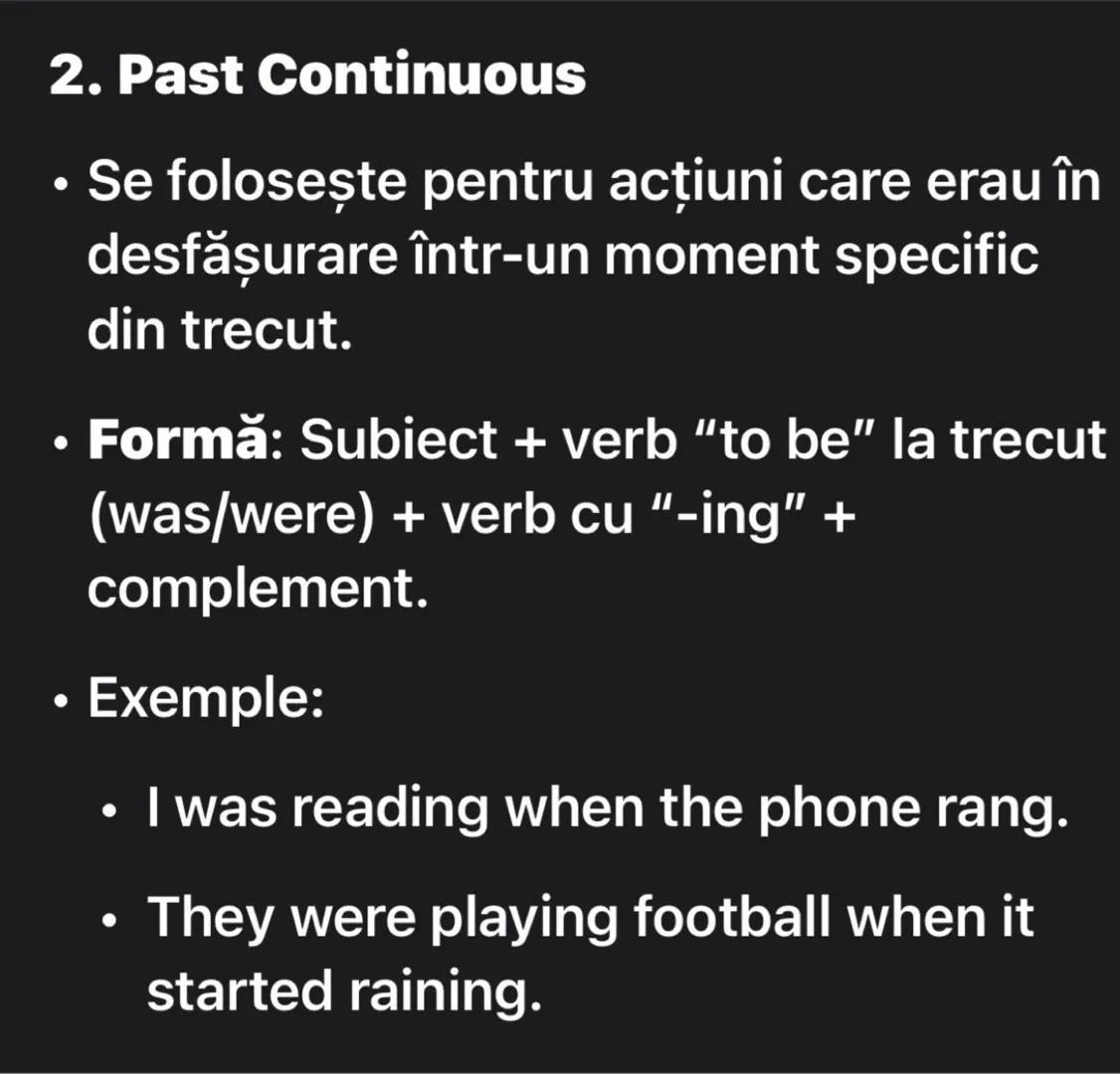 # Fișa 2: Past Simple & Past
Continuous
1. Past Simple
• Se folosește pentru acțiuni finalizate
care au avut loc în trecut.
• Formă: Subi