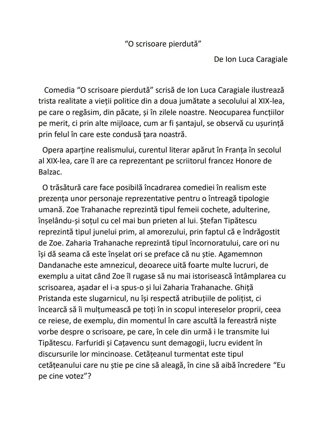 # "O scrisoare pierdută"
De lon Luca Caragiale
Comedia "O scrisoare pierdută" scrisă de lon Luca Caragiale ilustrează
trista realitate a v