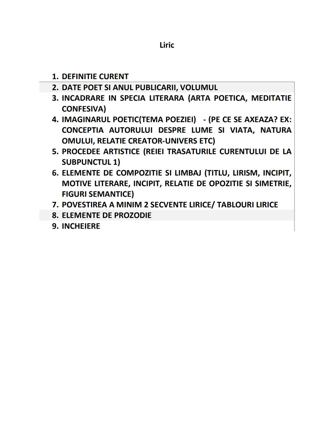 1. Incadrare
Tema Si Viziune
in
despre
epoca, date
autor
2. Incadrare in curent
3. Aparitie si tema
4. Incadrare in specie si
tipologie (rom