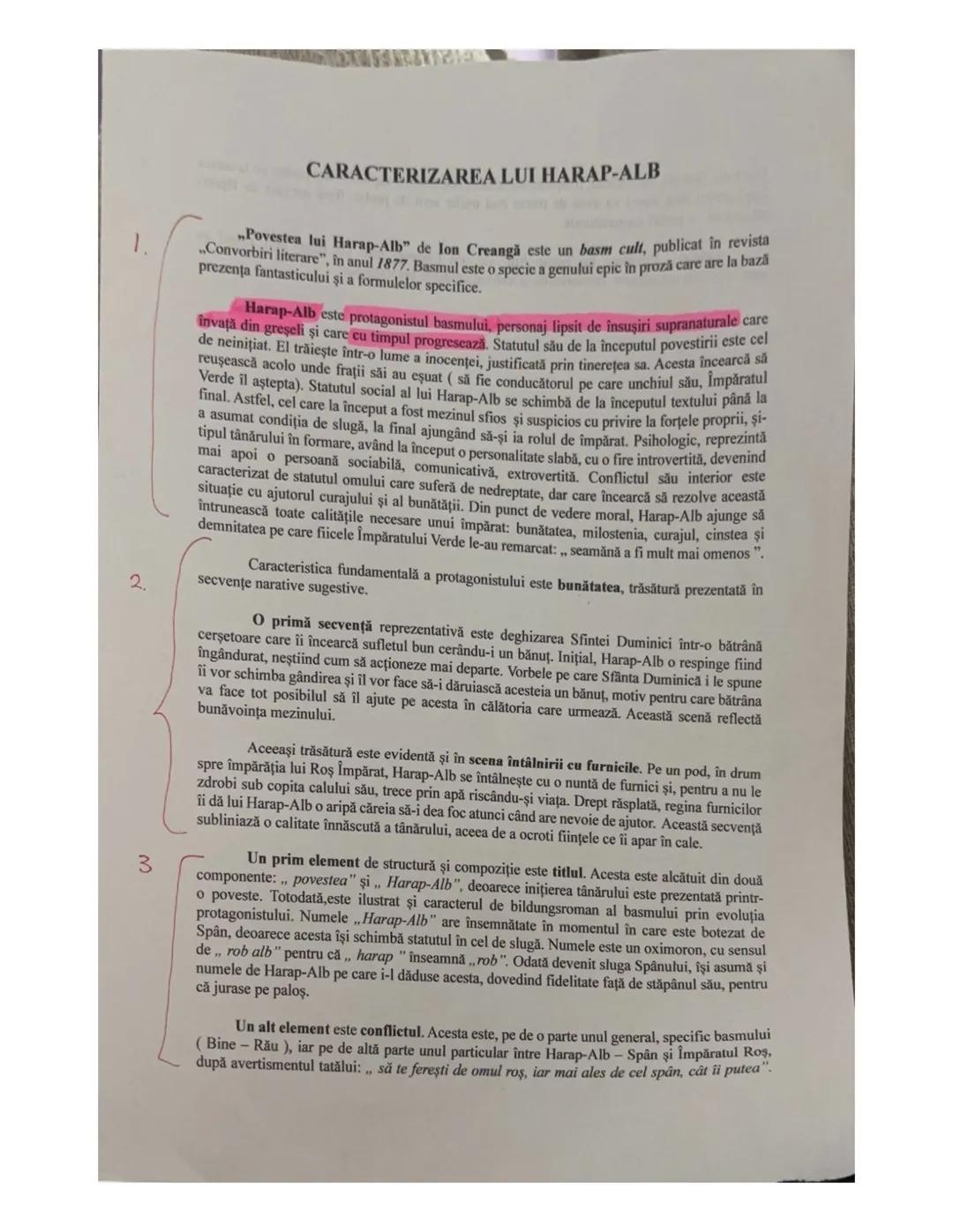 # CARACTERIZAREA LUI HARAP-ALB
1.
„Povestea lui Harap-Alb" de Ion Creangă este un basm cult, publicat în revista
„Convorbiri literare", în