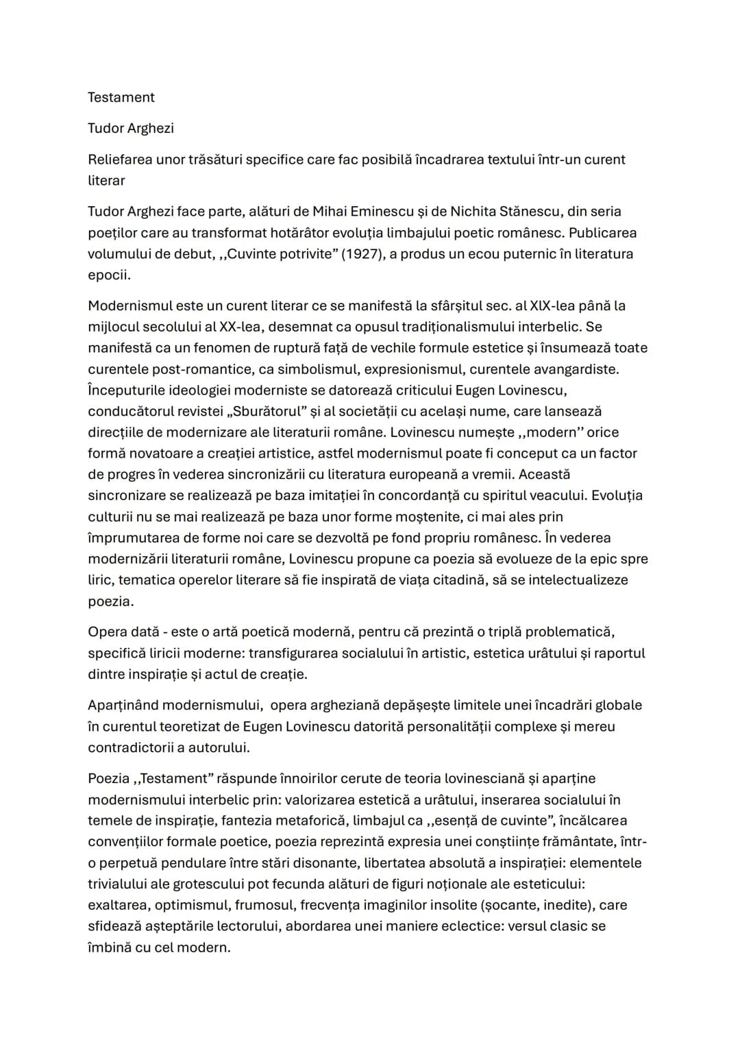 # Testament
Tudor Arghezi
Reliefarea unor trăsături specifice care fac posibilă încadrarea textului într-un curent
literar
Tudor Arghezi