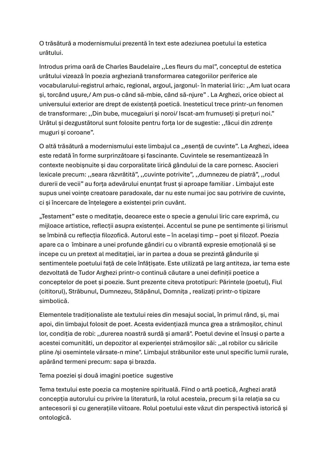 # Testament
Tudor Arghezi
Reliefarea unor trăsături specifice care fac posibilă încadrarea textului într-un curent
literar
Tudor Arghezi