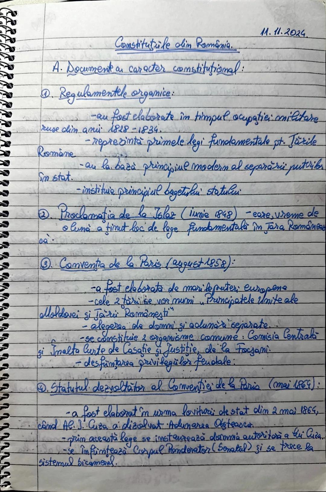 11.11.2024
Constituţüle din România.
A. Document an caracter constitutional:
@. Regulamentele organice:
-au fost elaborate în timpul, oc