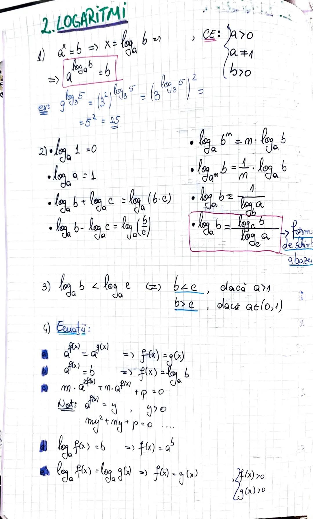 2. LOGARITMI
1) $a^x = b => x = log_a b$, CE: $\begin{cases} a > 0 \\ a \neq 1 \\ b > 0 \end{cases}$
=> $a^{log_a b} = b$
ex: $9^{log_3 5