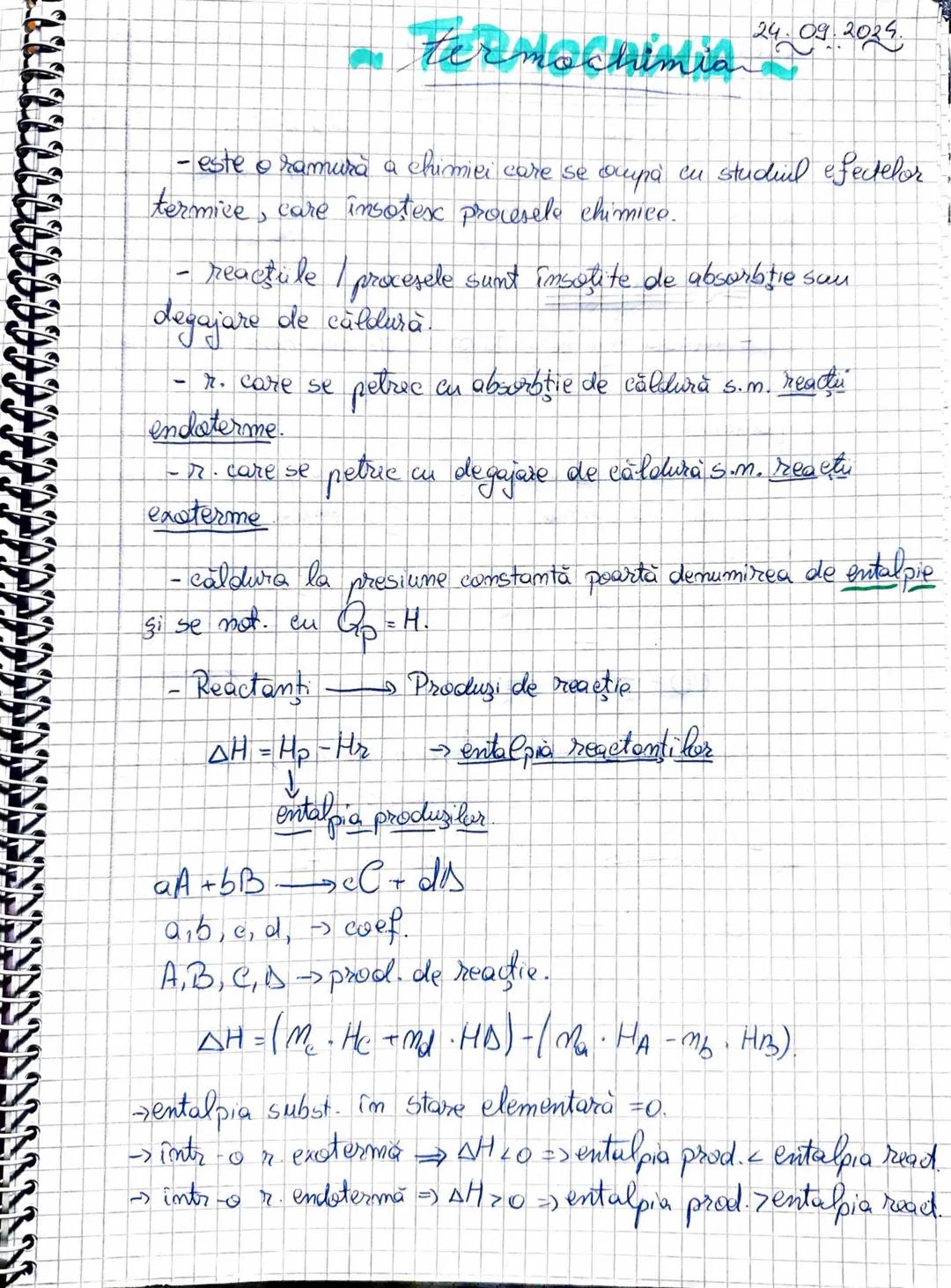 # Termochimia 24.09.2023.
- este o ramura a chimiei care se ocupa cu studiul efectelor termice care insotesc procesele chimice.
- reactii