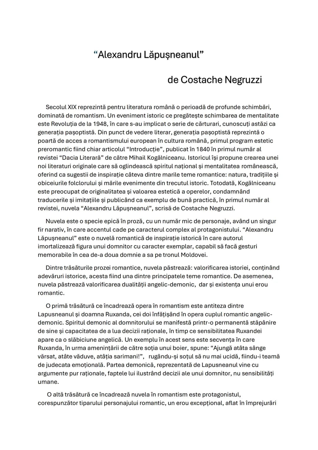 # "Alexandru Lăpuşneanul"
de Costache Negruzzi
Secolul XIX reprezintă pentru literatura română o perioadă de profunde schimbări,
dominată